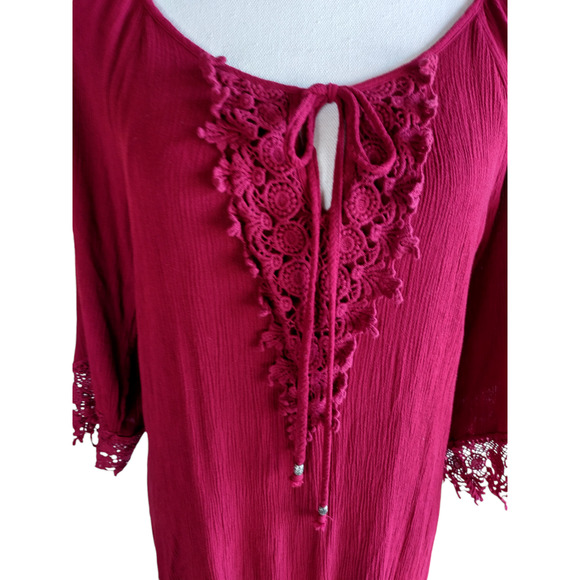 NAIF Womens Tie Keyhole Crochet Front Boho Dress Burgundy Medium 100% Rayon - Picture 5 of 13